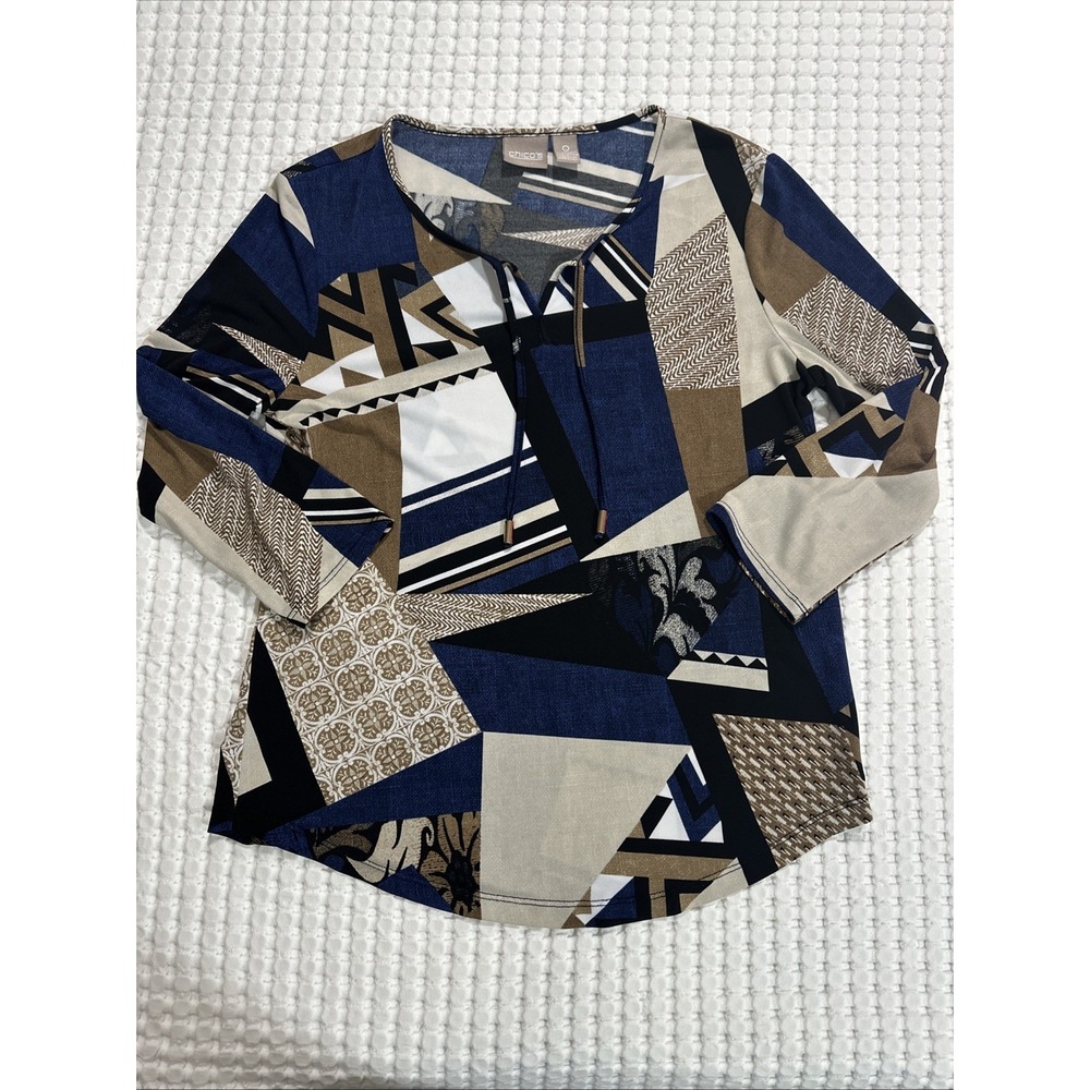 Chico's Women's Geometric Design Blouse Sz 0 Navy Brown Beige Print 3/4 Sleeves